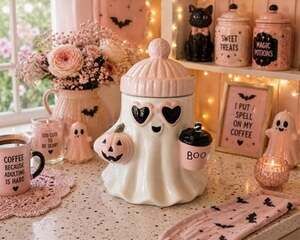 New Halloween WHITE Ghost W/ Beanie On Head & Coffee Holiday Cookie Jar Kitchen